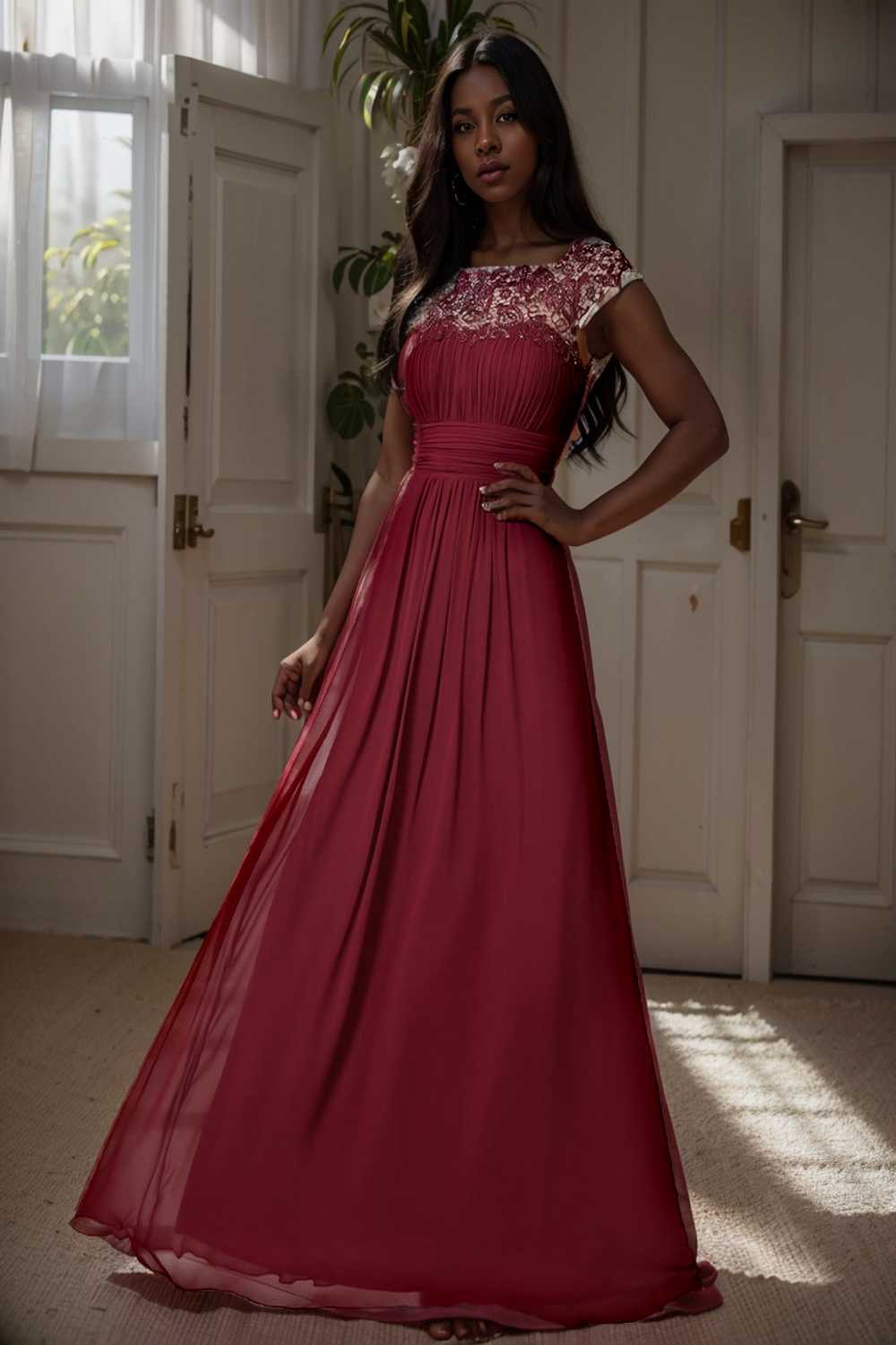 chic cap sleeve lace maxi chiffon bridesmaid gown