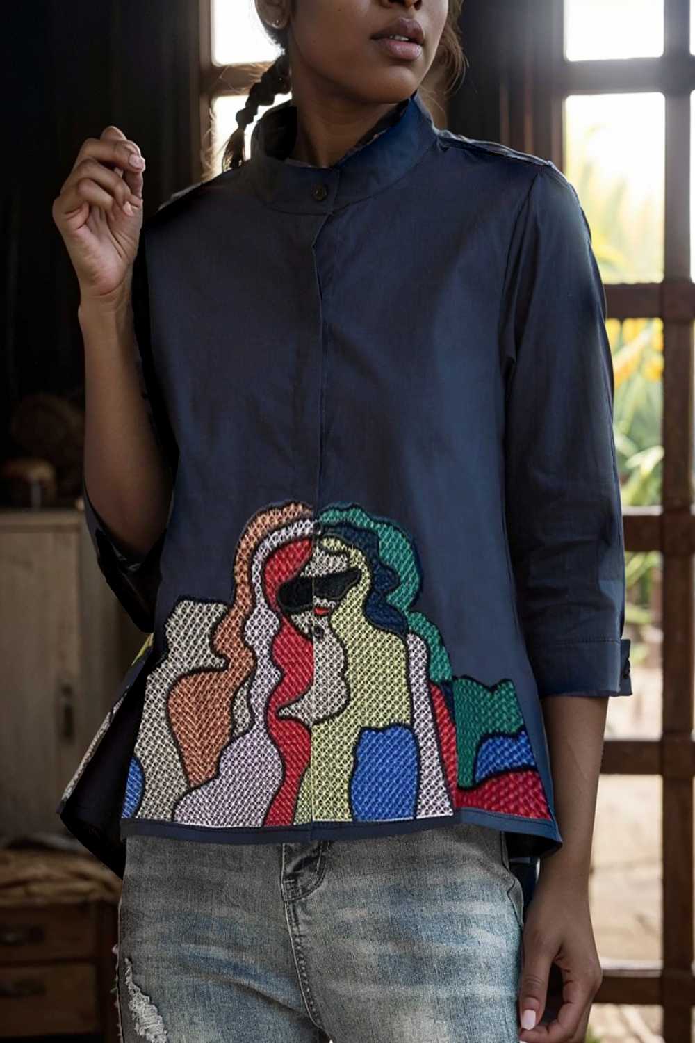 embroidered button mid sleeve casual blouse