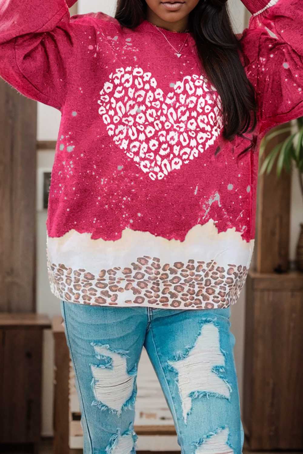leopard heart graphic red sweatshirt with fiery bleached details