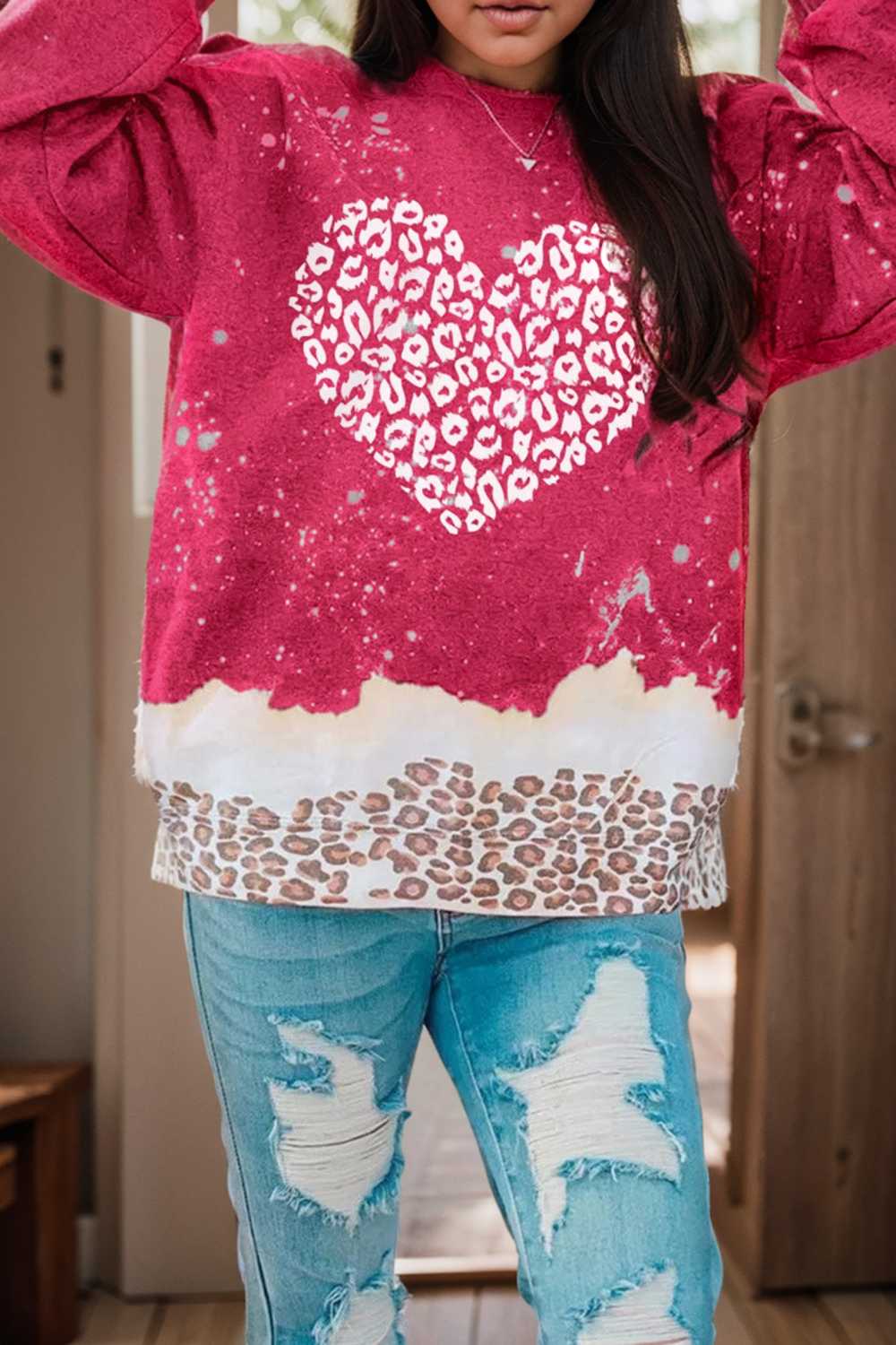 leopard heart graphic red sweatshirt with fiery bleached details