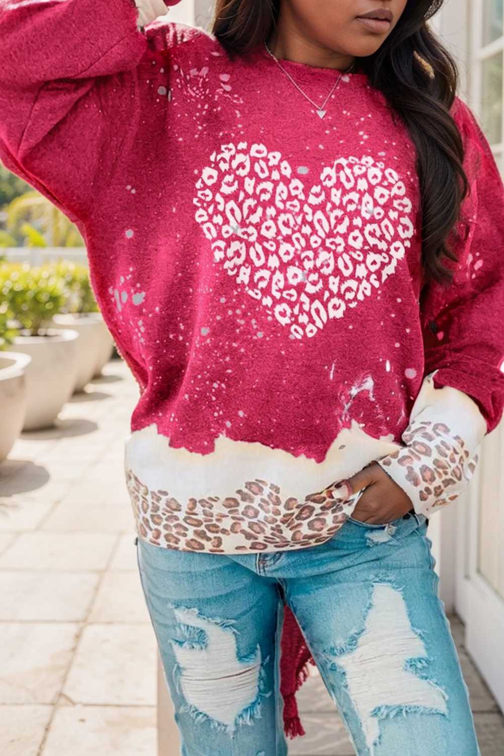 leopard heart graphic red sweatshirt with fiery bleached details