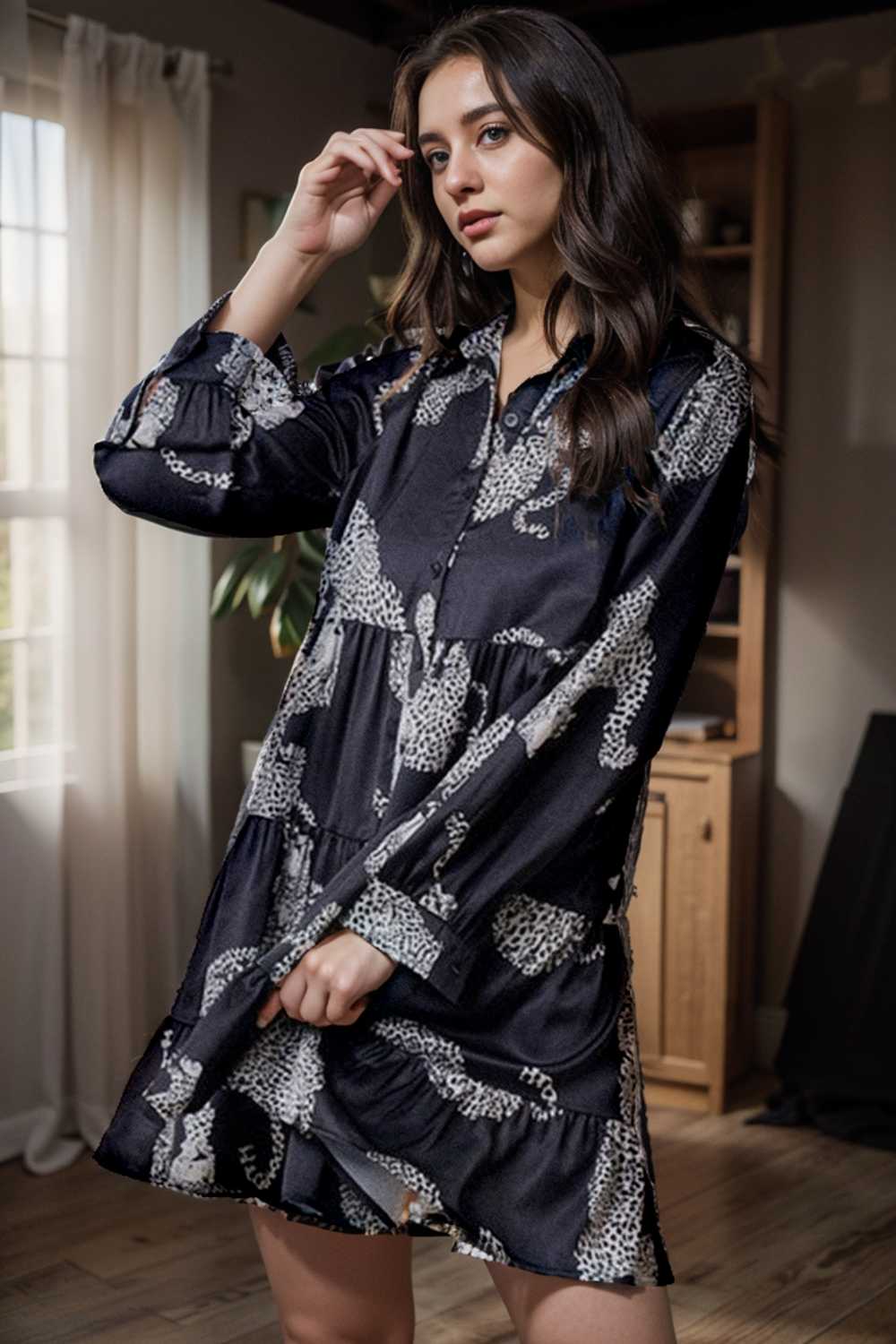 leopard print collared button up shirt dress with ruffled sleeves