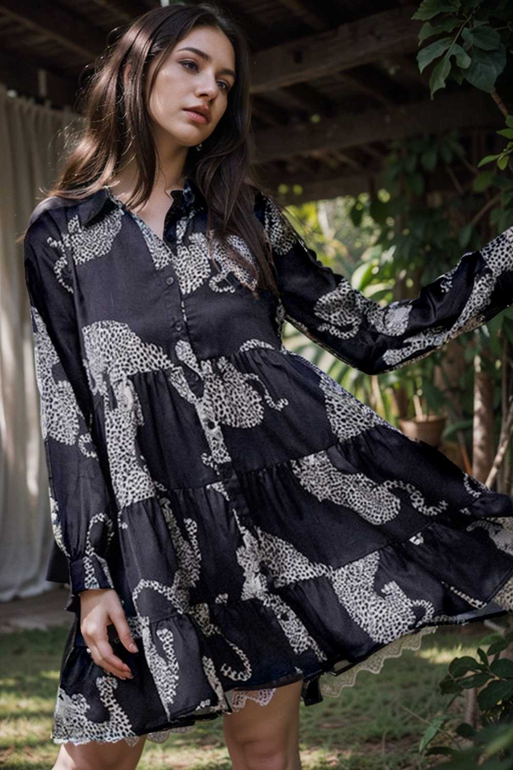 leopard print collared button up shirt dress with ruffled sleeves