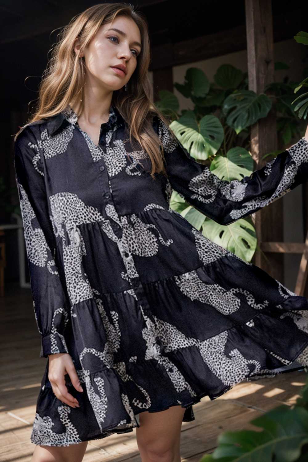 leopard print collared button up shirt dress with ruffled sleeves