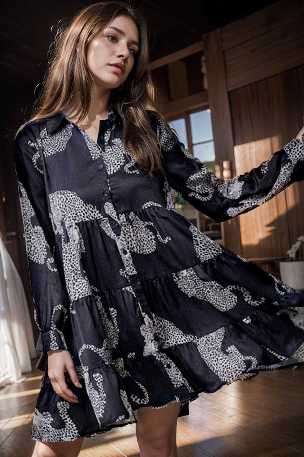 leopard print collared button up shirt dress with ruffled sleeves