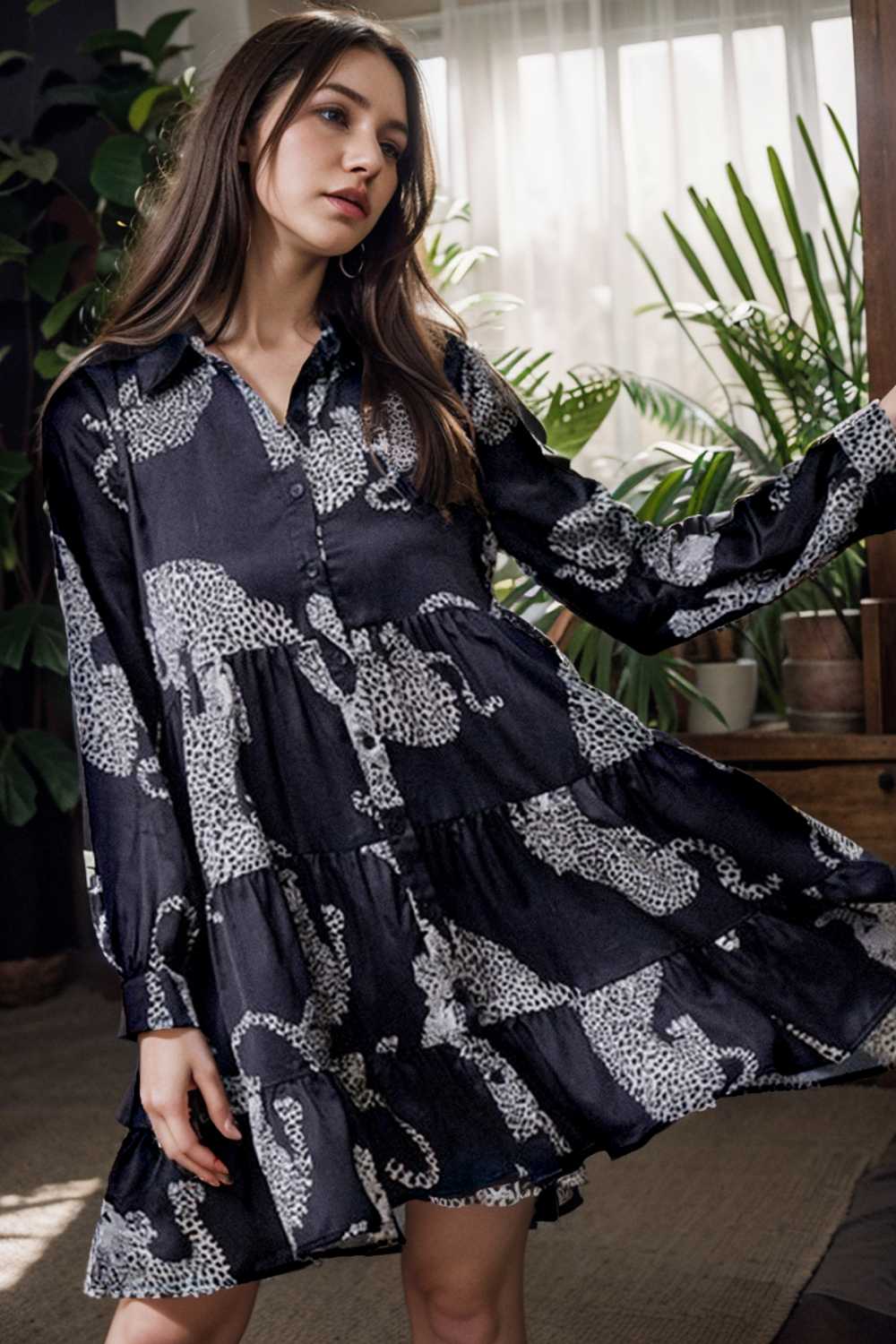 leopard print collared button up shirt dress with ruffled sleeves