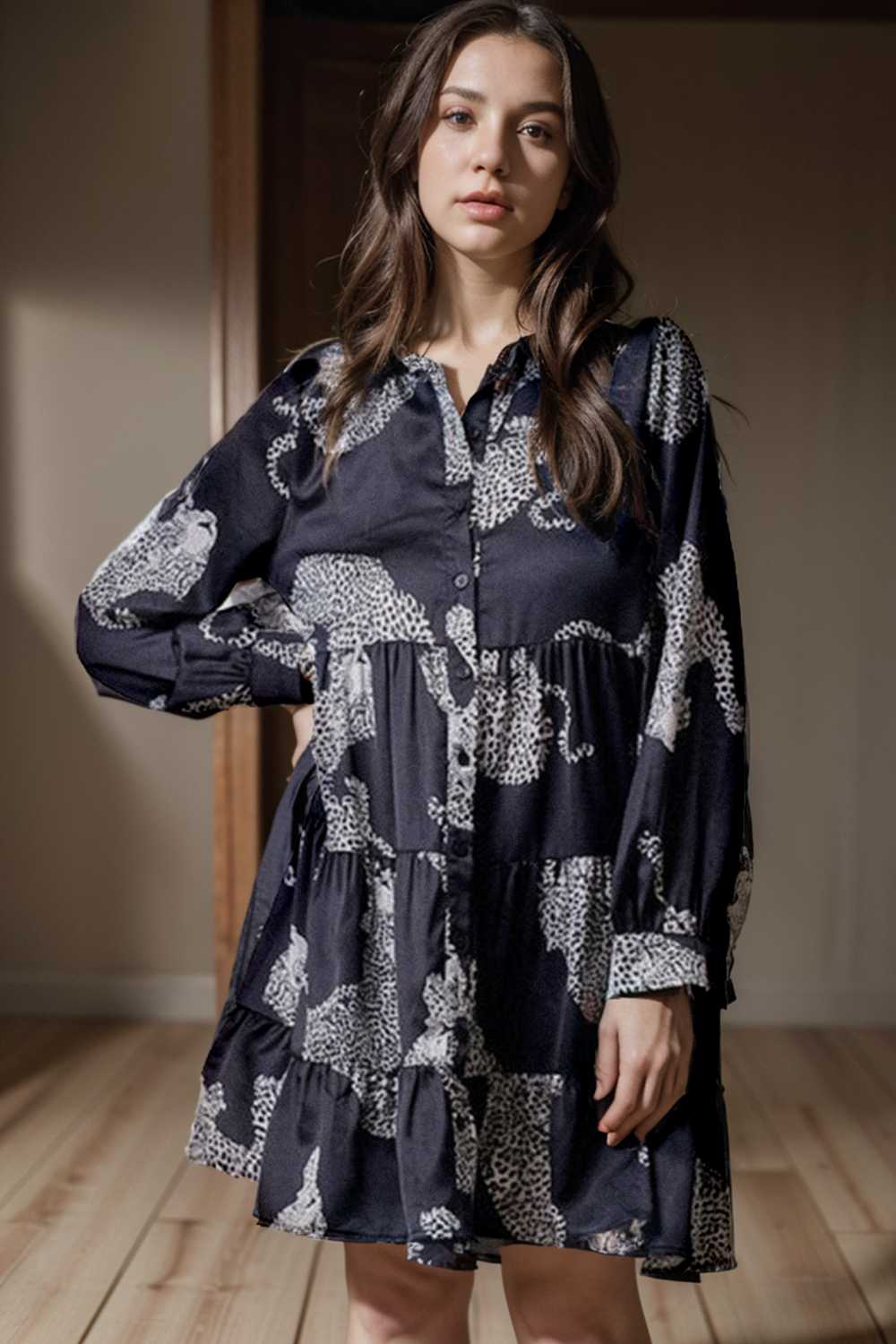 leopard print collared button up shirt dress with ruffled sleeves