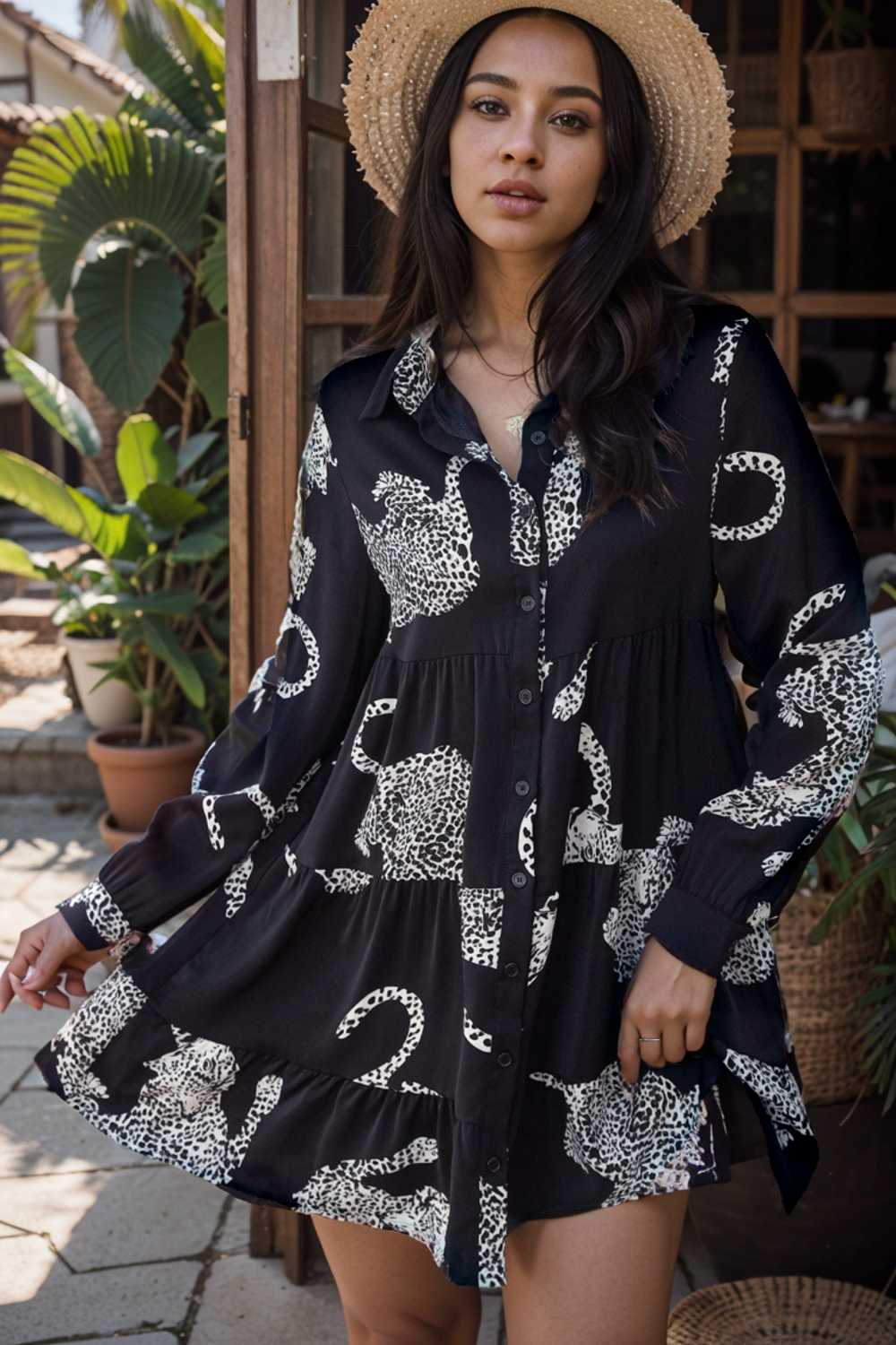 leopard print collared button up shirt dress with ruffled sleeves