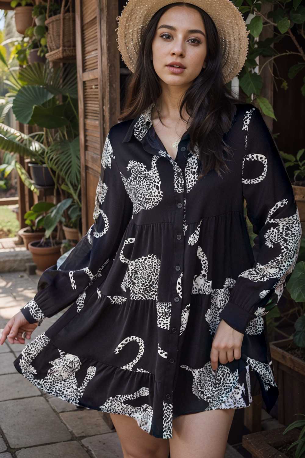 leopard print collared button up shirt dress with ruffled sleeves