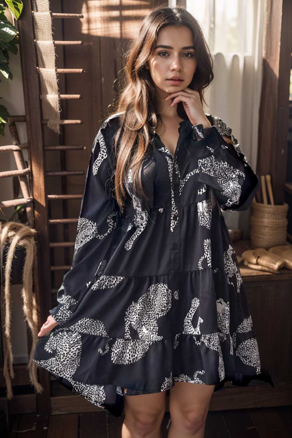 leopard print collared button up shirt dress with ruffled sleeves