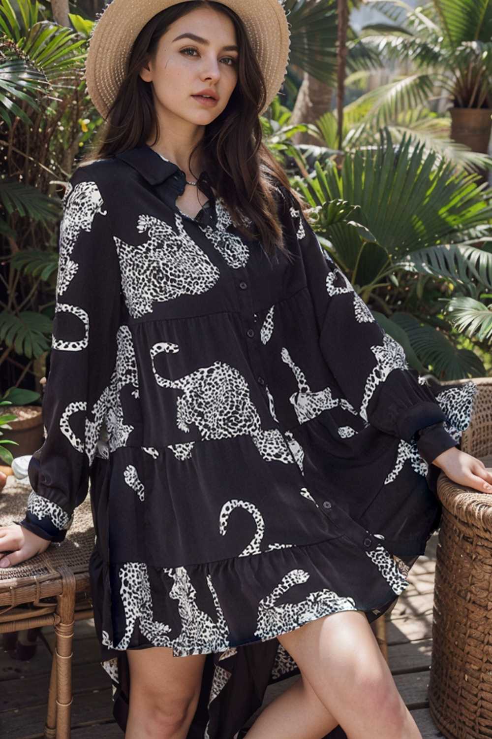 leopard print collared button up shirt dress with ruffled sleeves