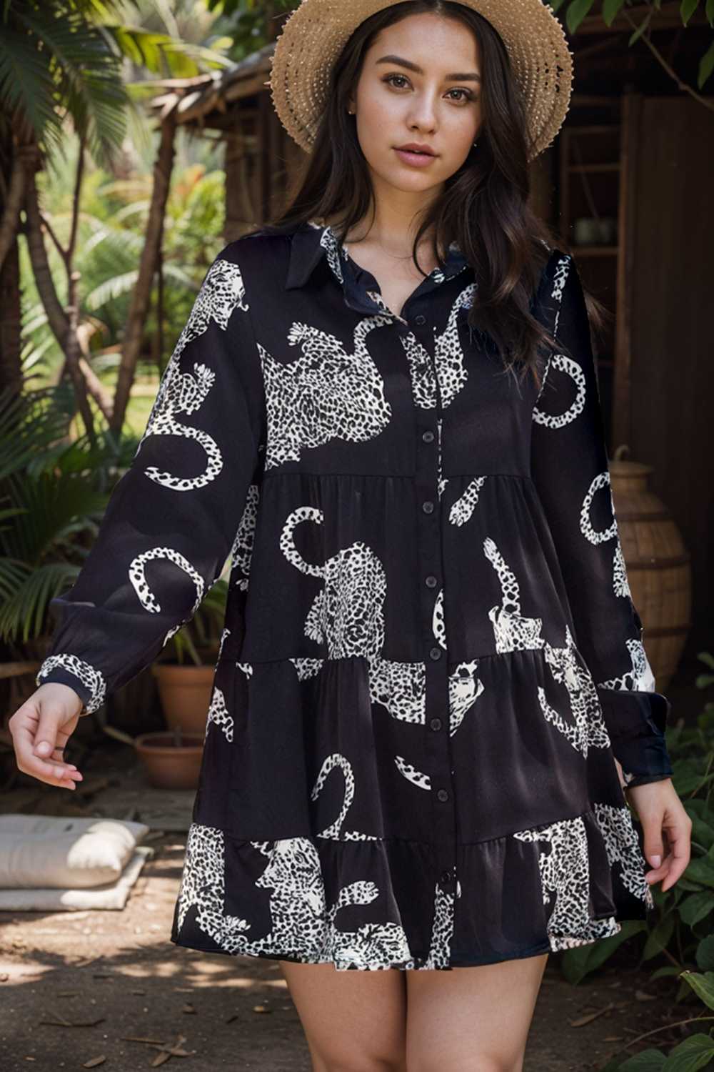 leopard print collared button up shirt dress with ruffled sleeves