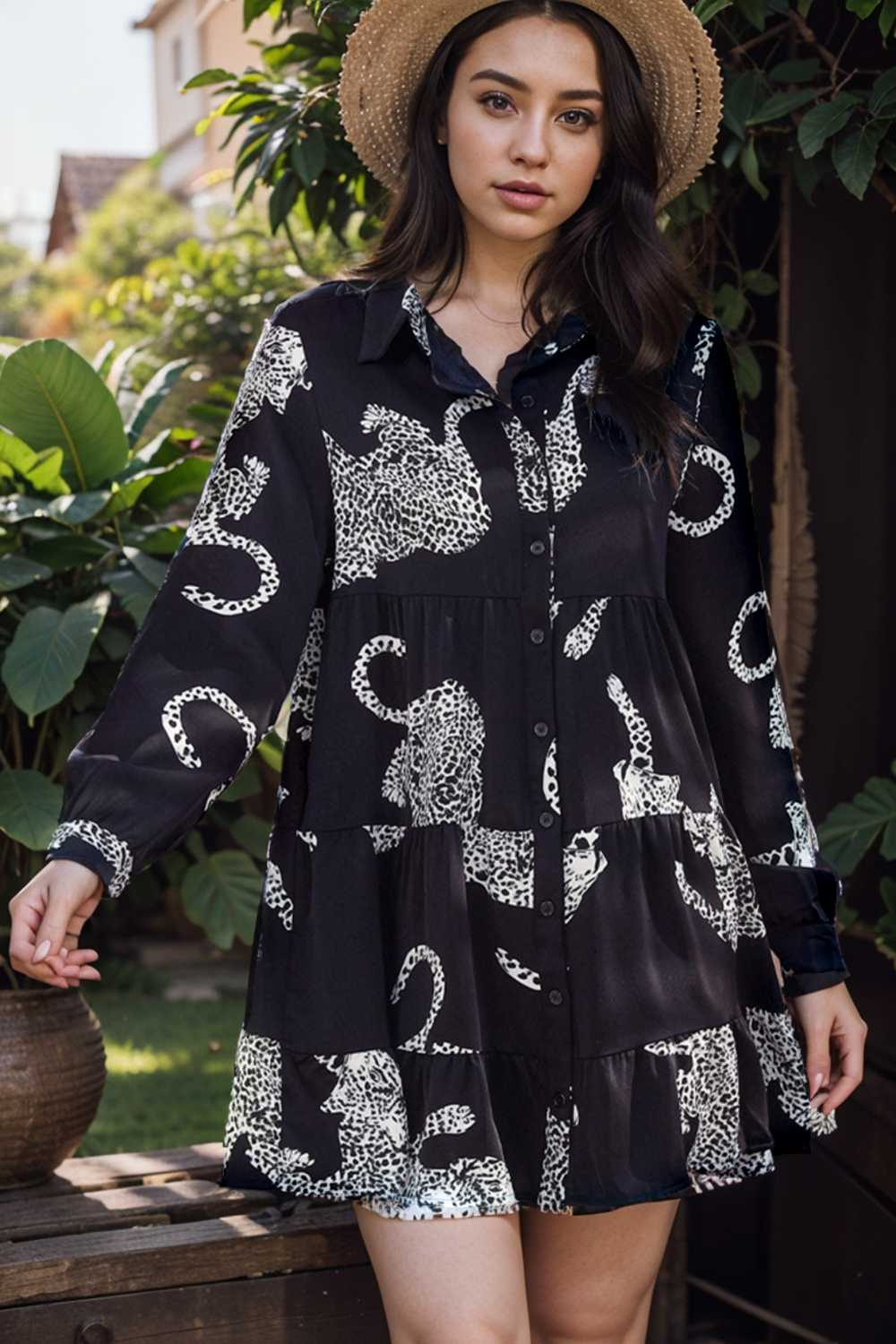 leopard print collared button up shirt dress with ruffled sleeves