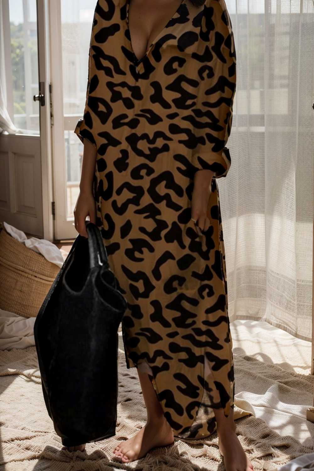 leopard print v neck split long sleeve dress