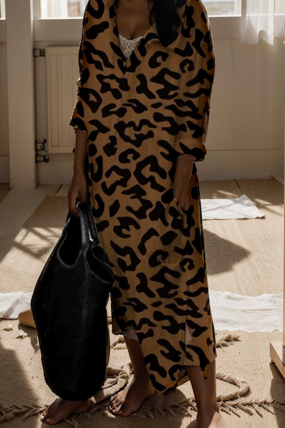leopard print v neck split long sleeve dress