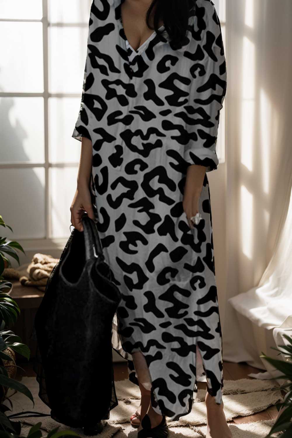 leopard print v neck split long sleeve dress