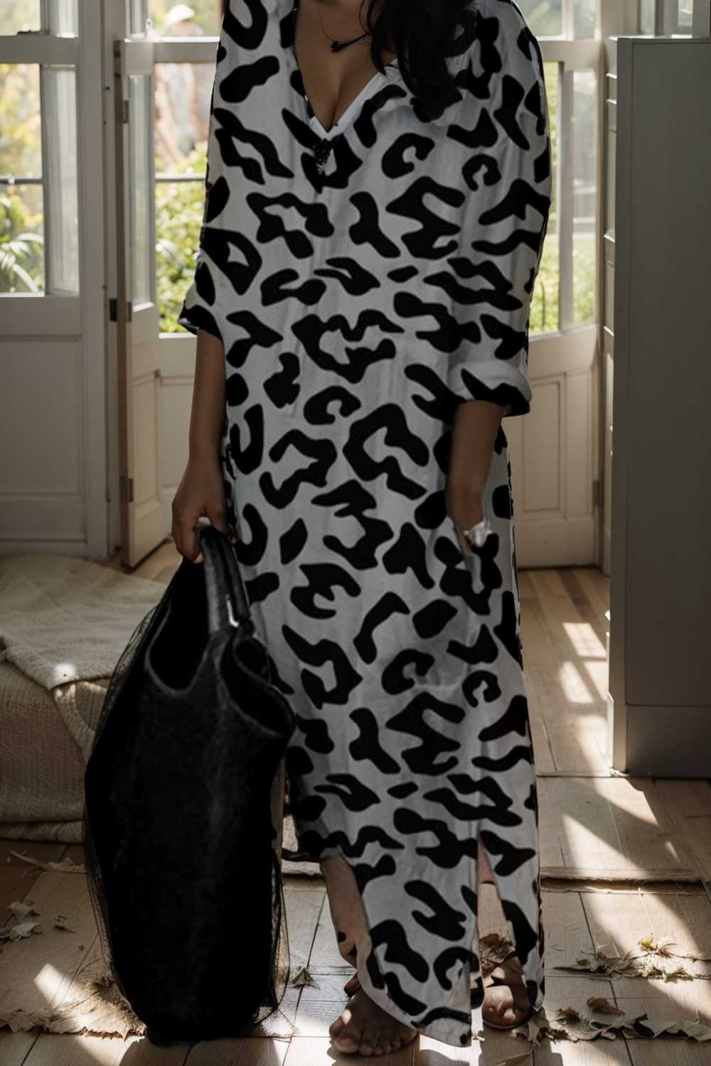 leopard print v neck split long sleeve dress