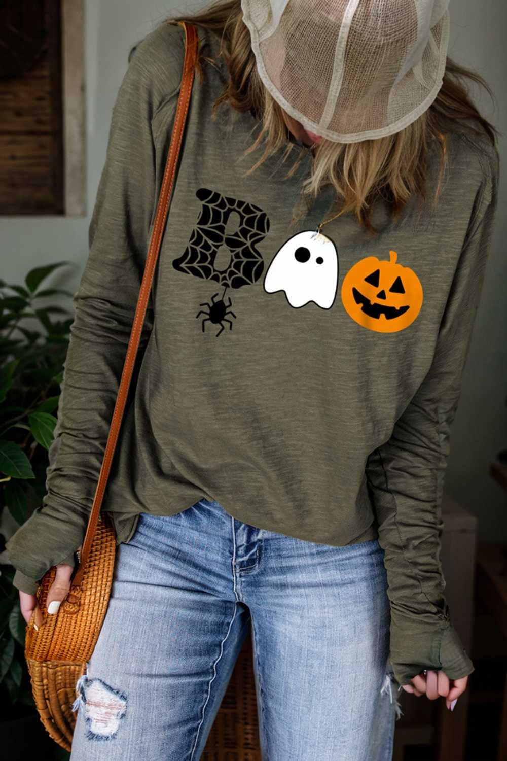 spooky halloween boo graphic print green long sleeve tee