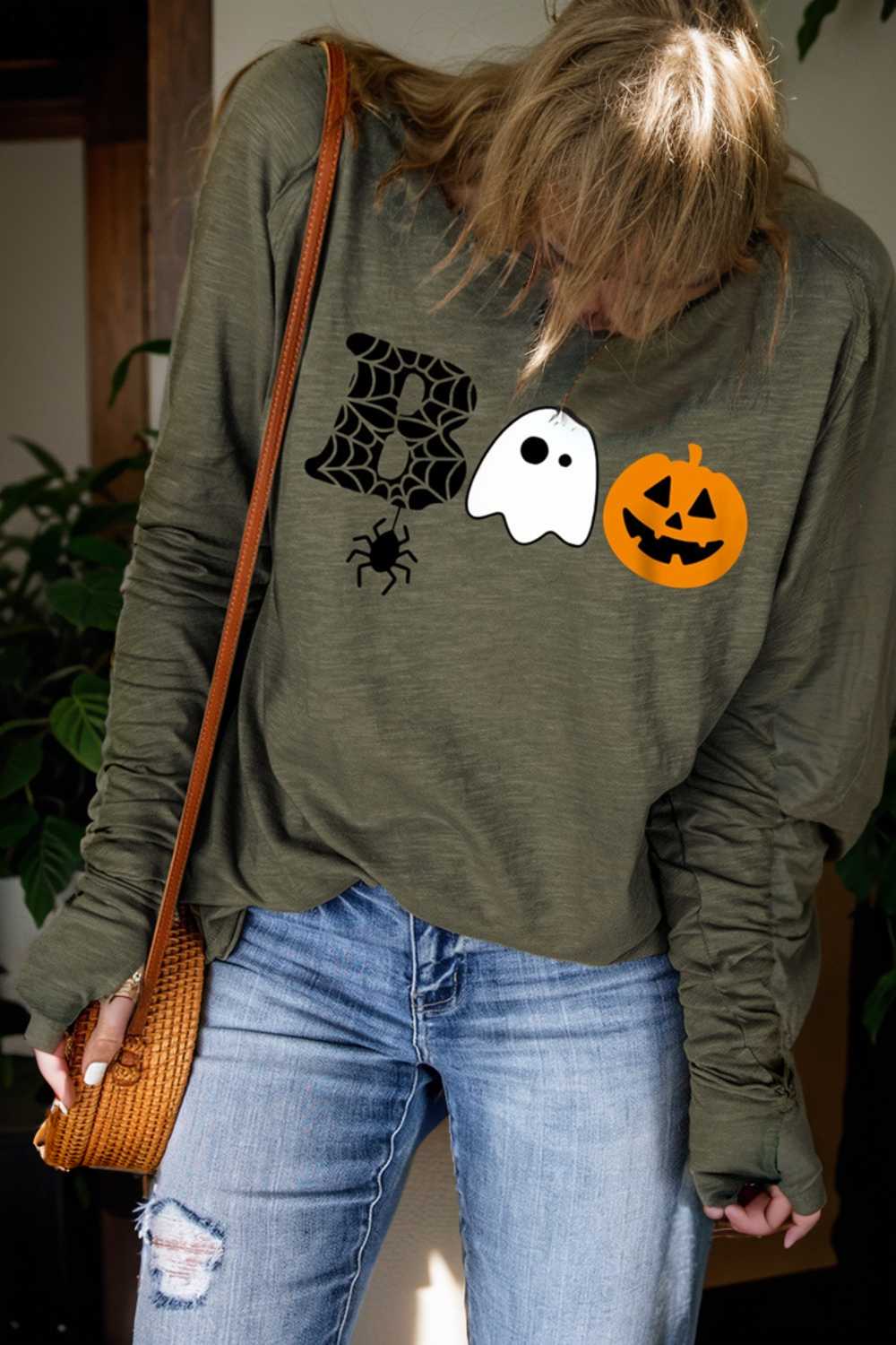 spooky halloween boo graphic print green long sleeve tee