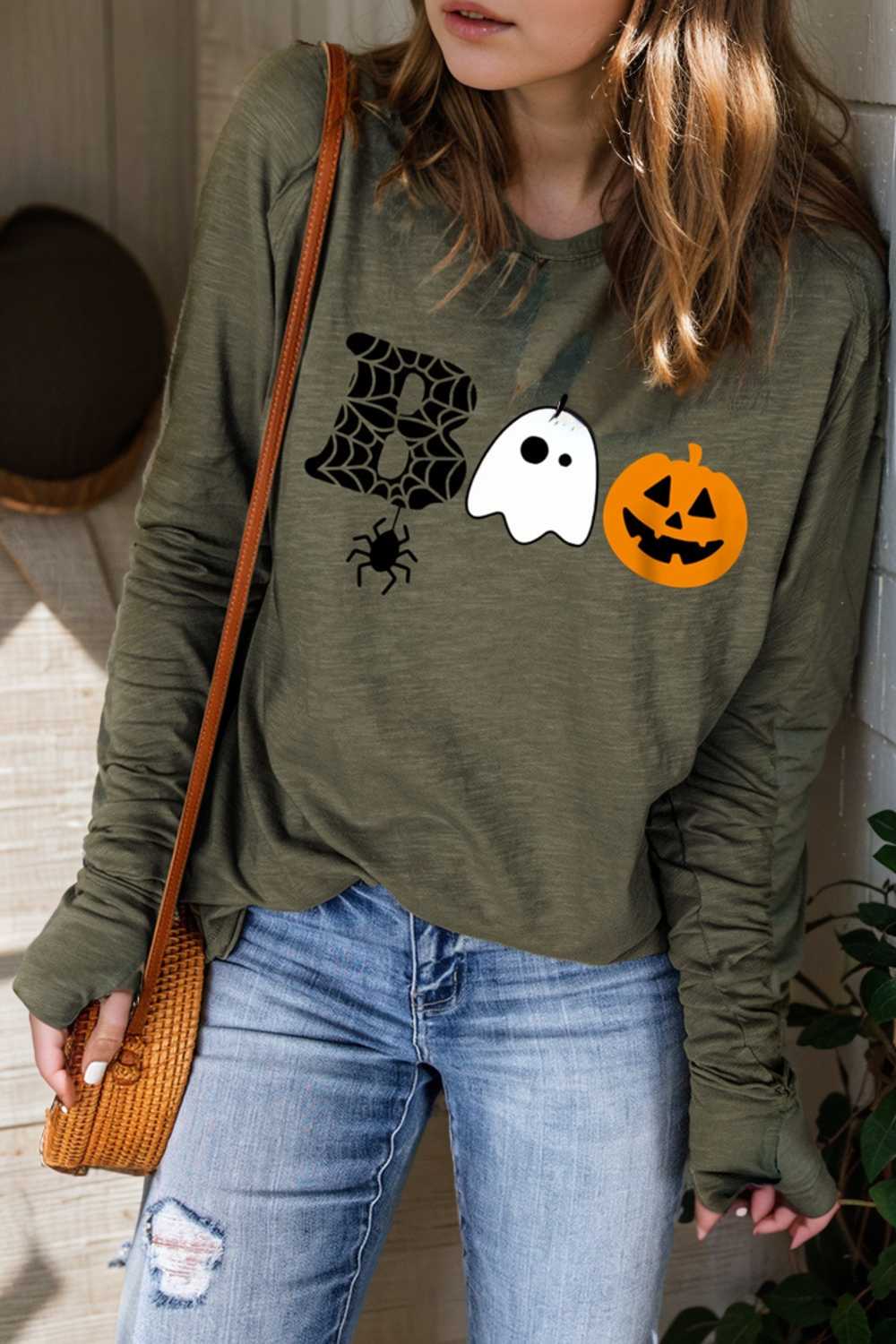 spooky halloween boo graphic print green long sleeve tee