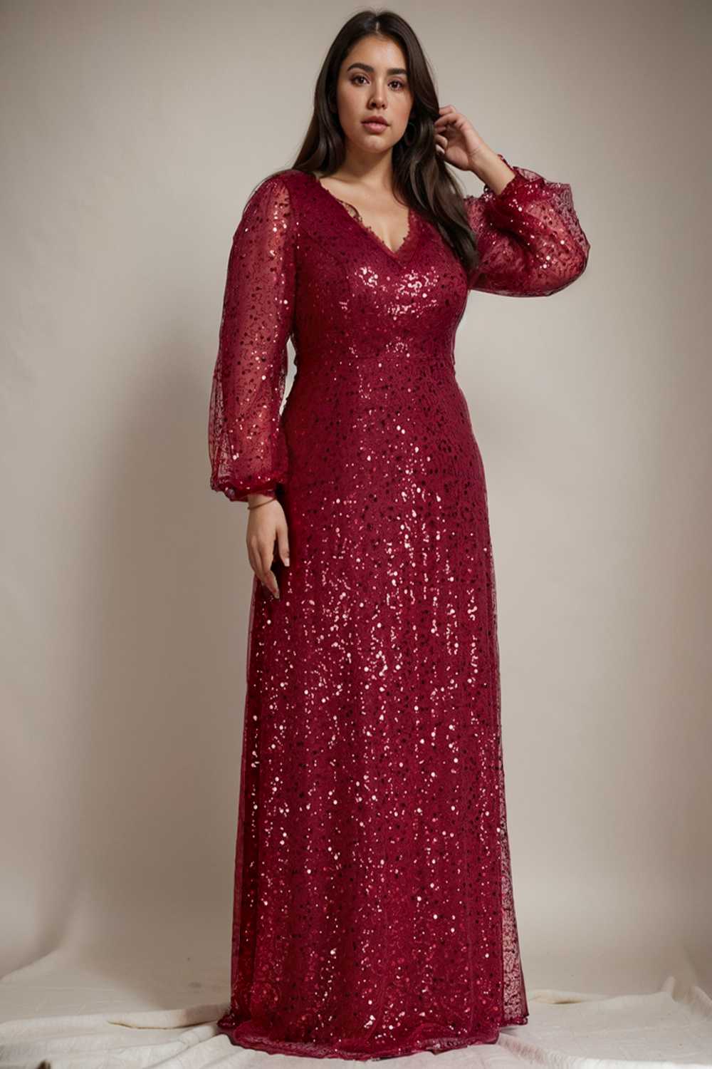 v neck sequin a line evening gown with lantern sleeves for curvy ladies
