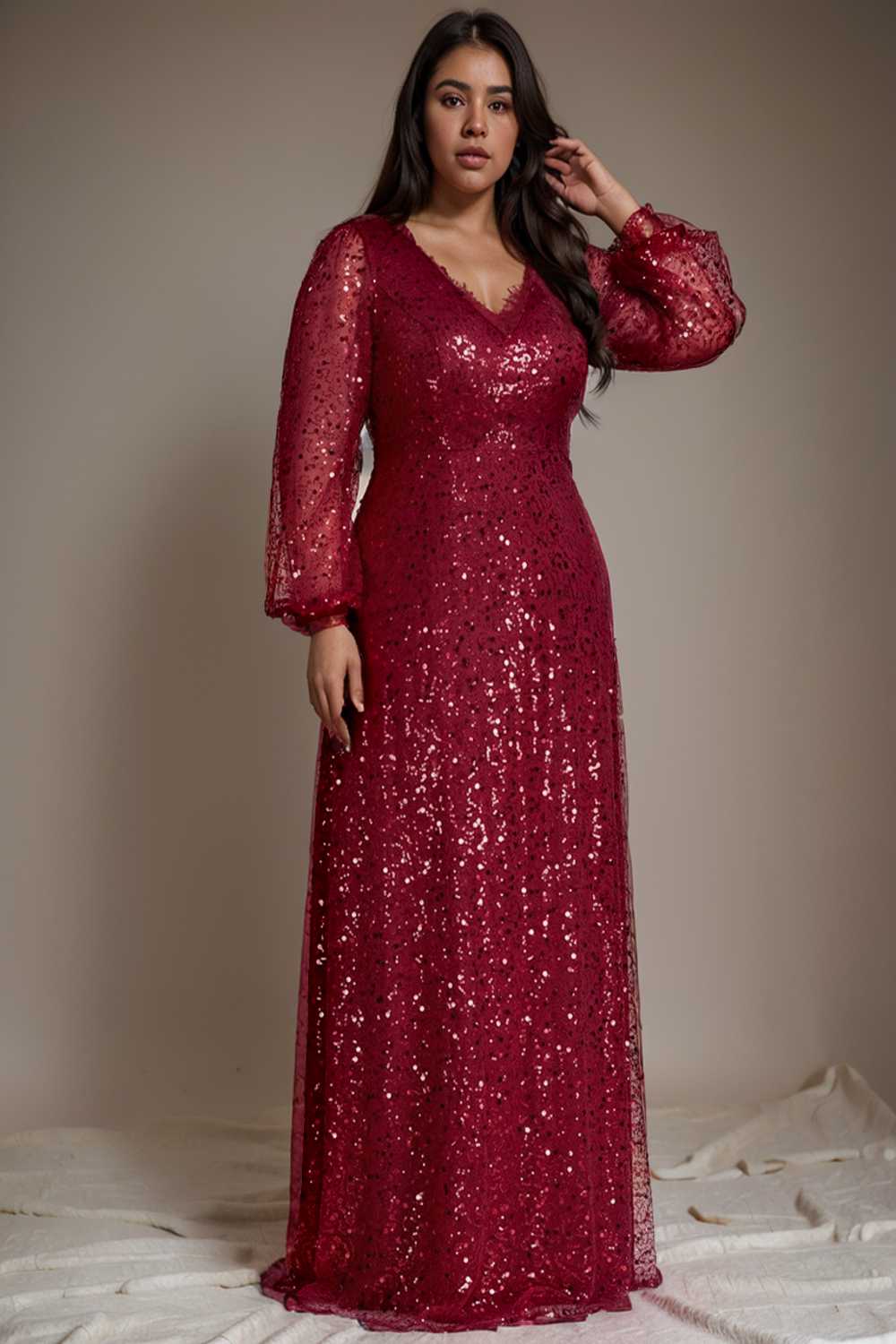 v neck sequin a line evening gown with lantern sleeves for curvy ladies