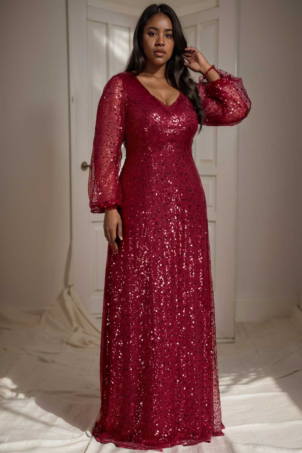 v neck sequin a line evening gown with lantern sleeves for curvy ladies