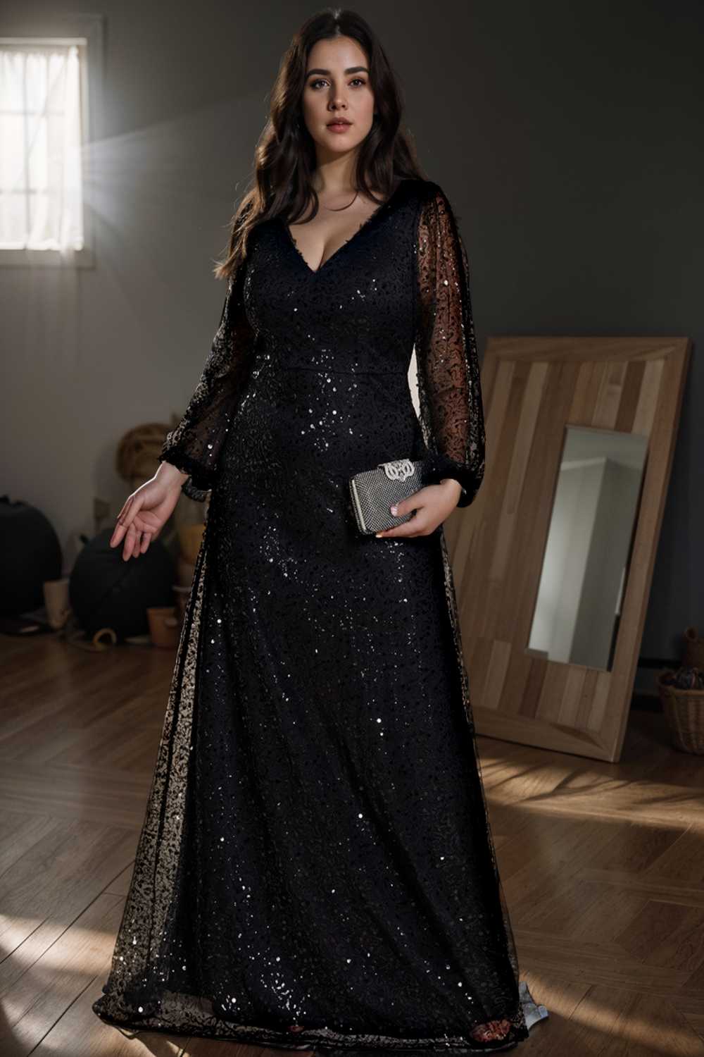 v neck sequin a line evening gown with lantern sleeves for curvy ladies