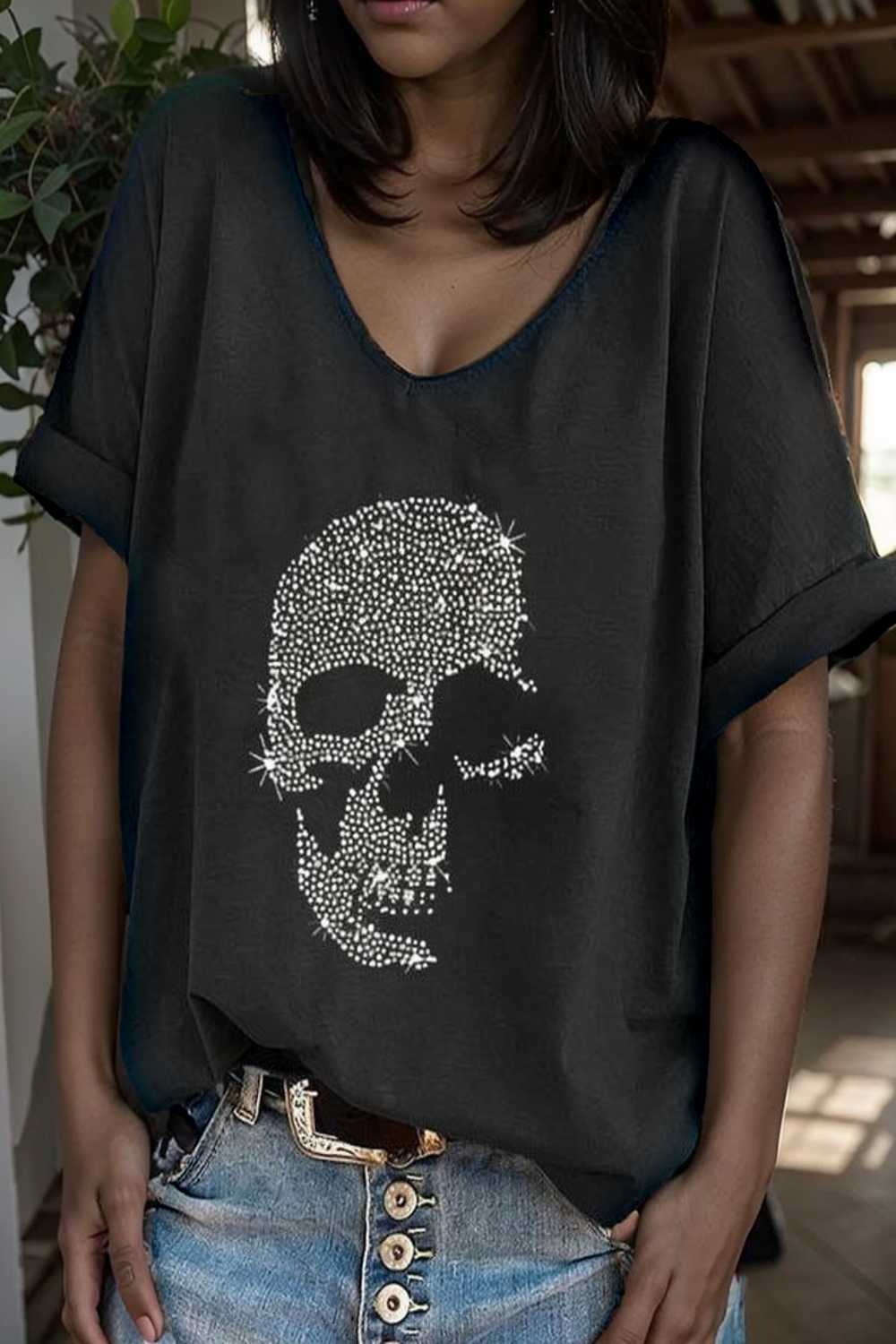 v neck skull print loose short sleeve t shirt