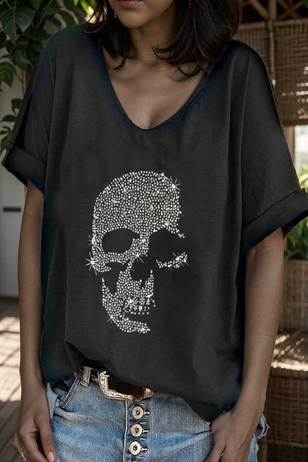 v neck skull print loose short sleeve t shirt