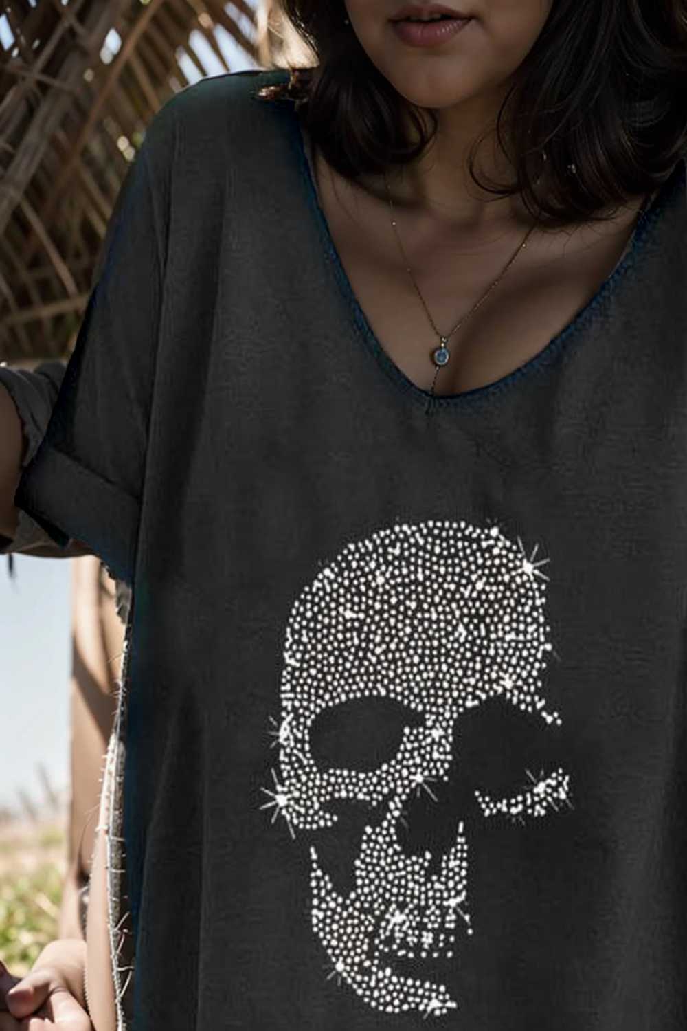 v neck skull print loose short sleeve t shirt