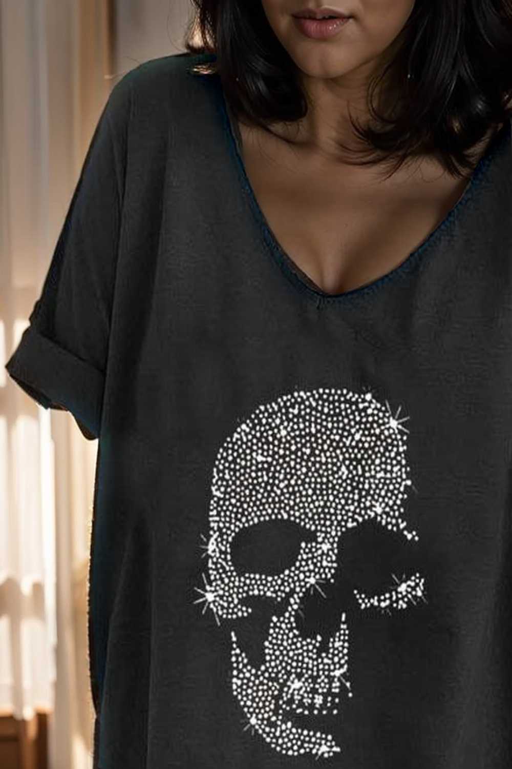 v neck skull print loose short sleeve t shirt
