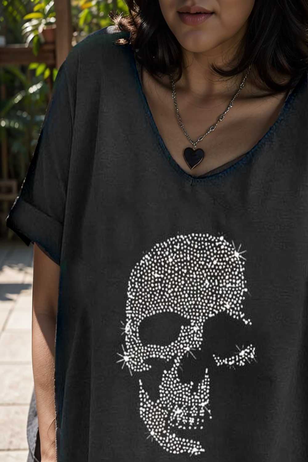 v neck skull print loose short sleeve t shirt