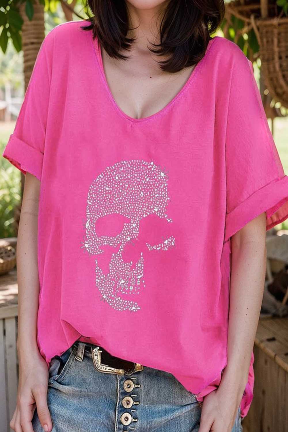 v neck skull print loose short sleeve t shirt