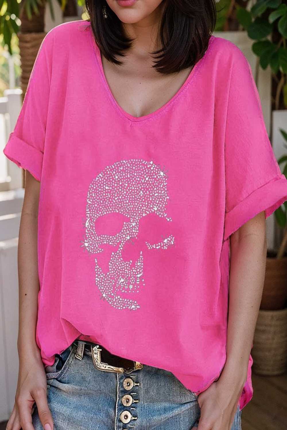 v neck skull print loose short sleeve t shirt