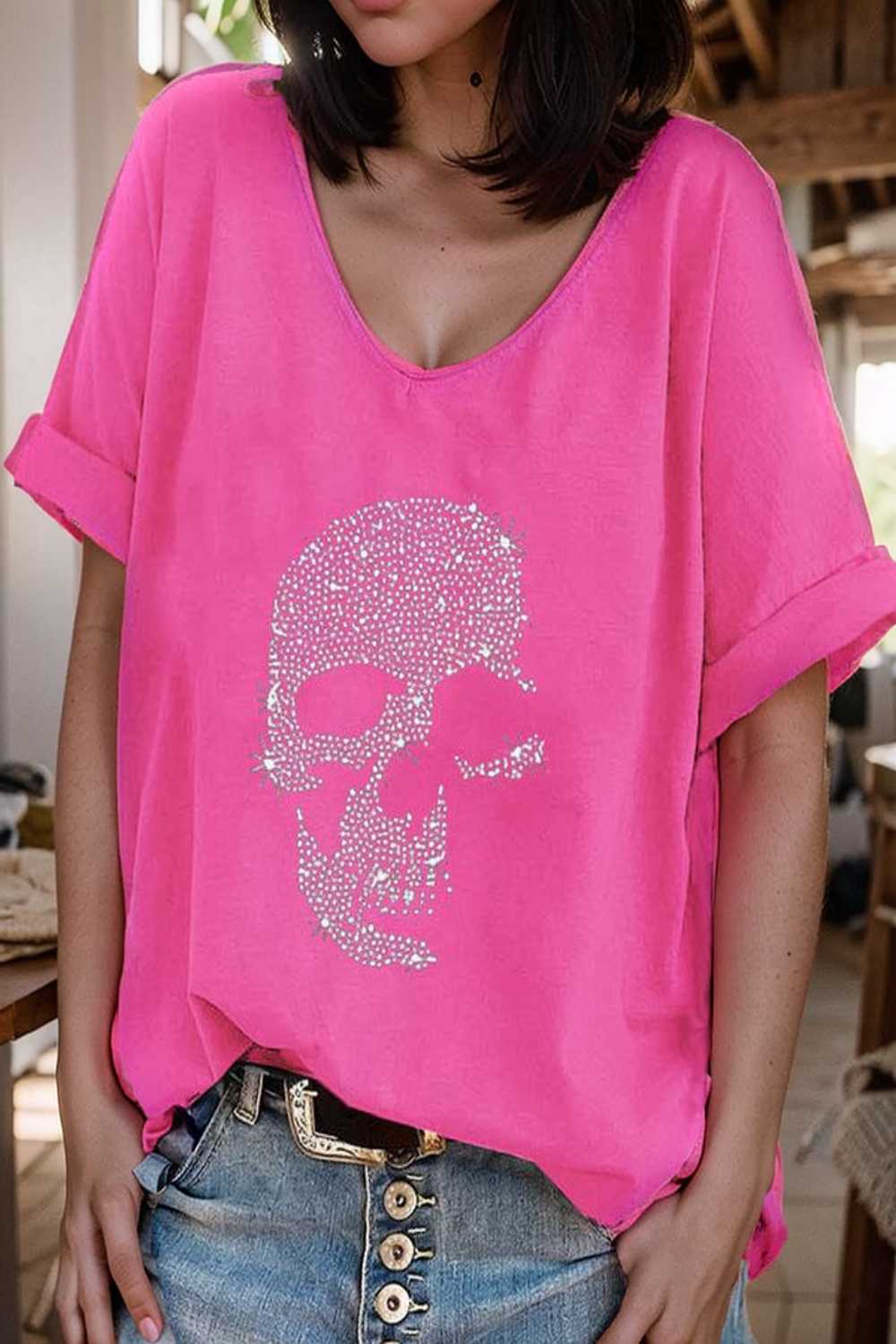 v neck skull print loose short sleeve t shirt