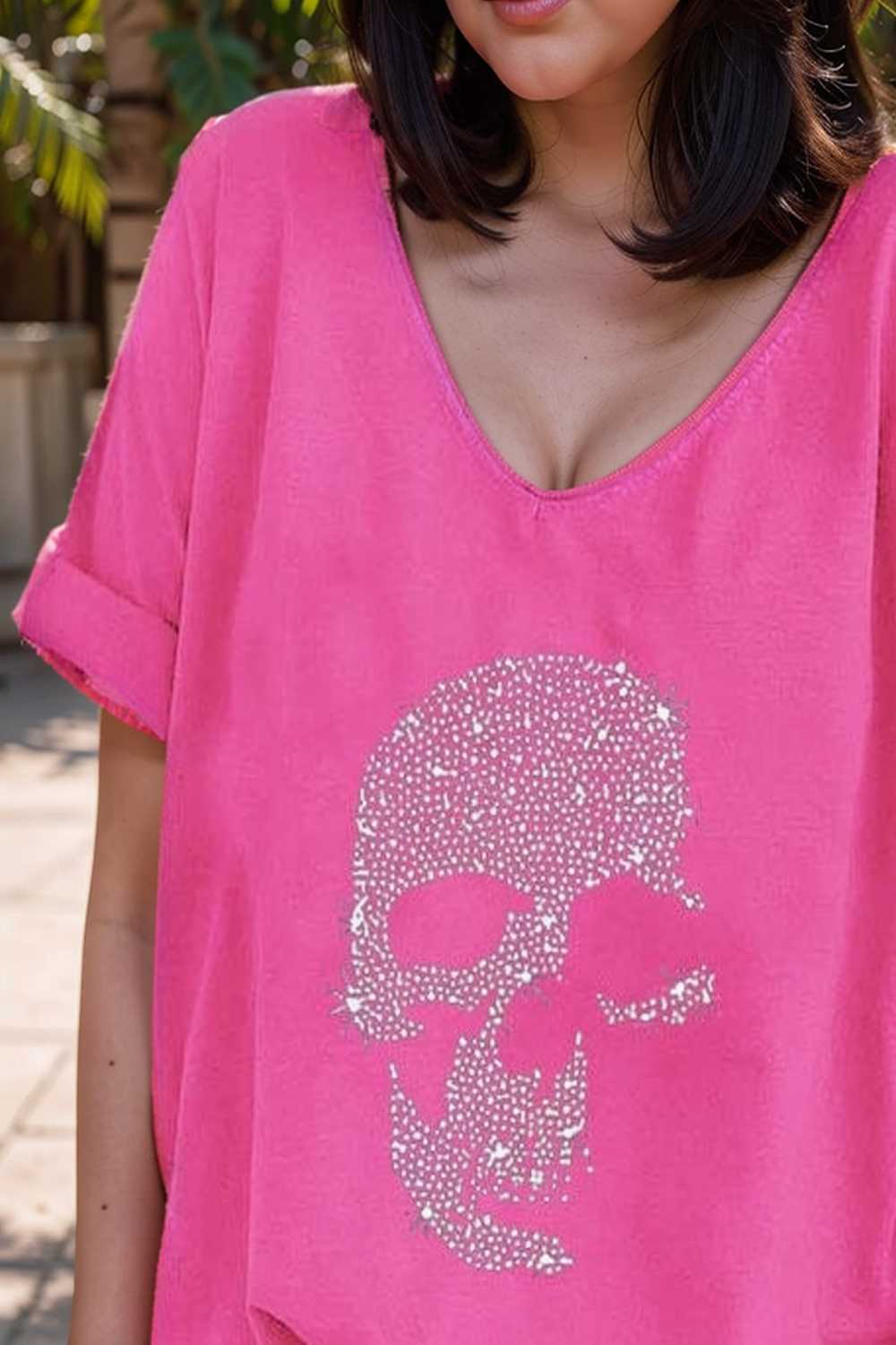 v neck skull print loose short sleeve t shirt