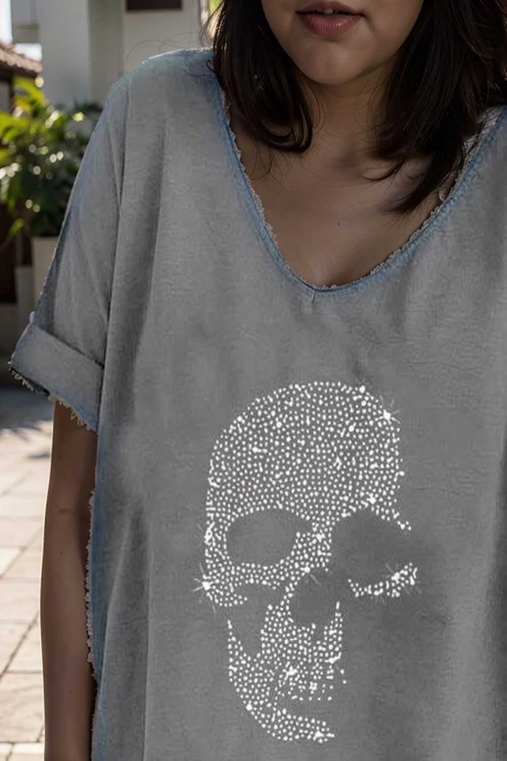 v neck skull print loose short sleeve t shirt