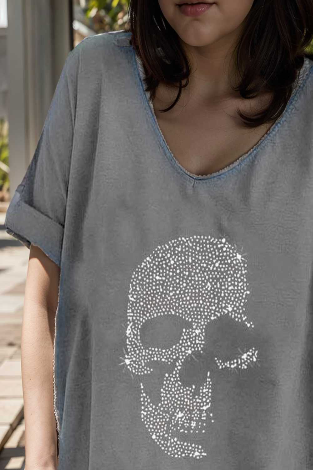 v neck skull print loose short sleeve t shirt