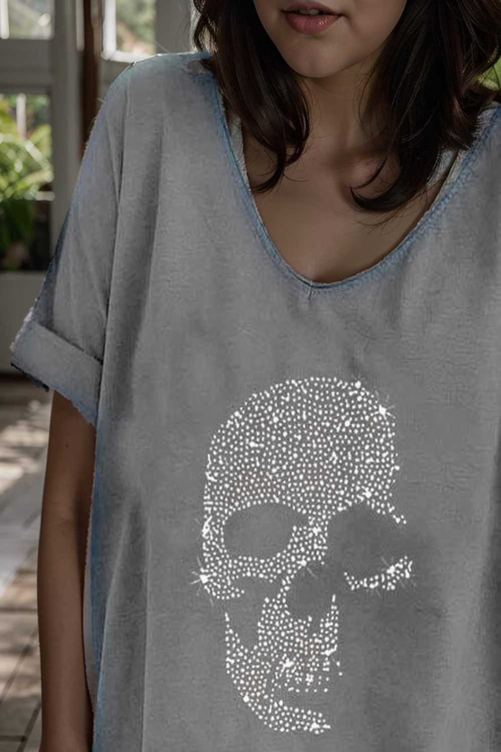 v neck skull print loose short sleeve t shirt