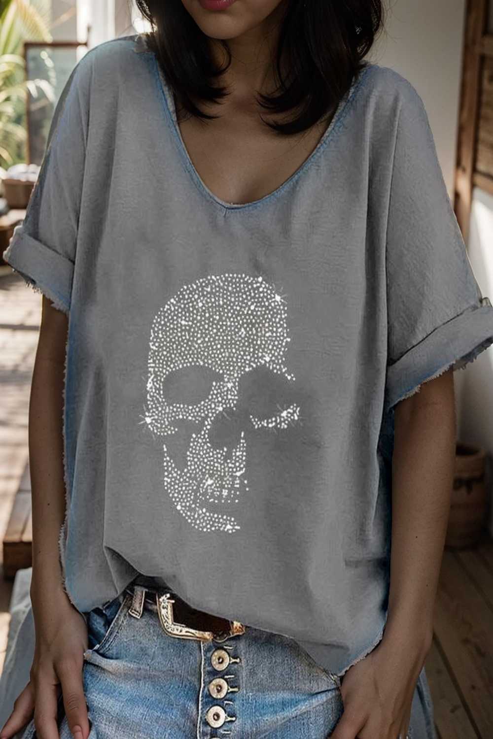 v neck skull print loose short sleeve t shirt