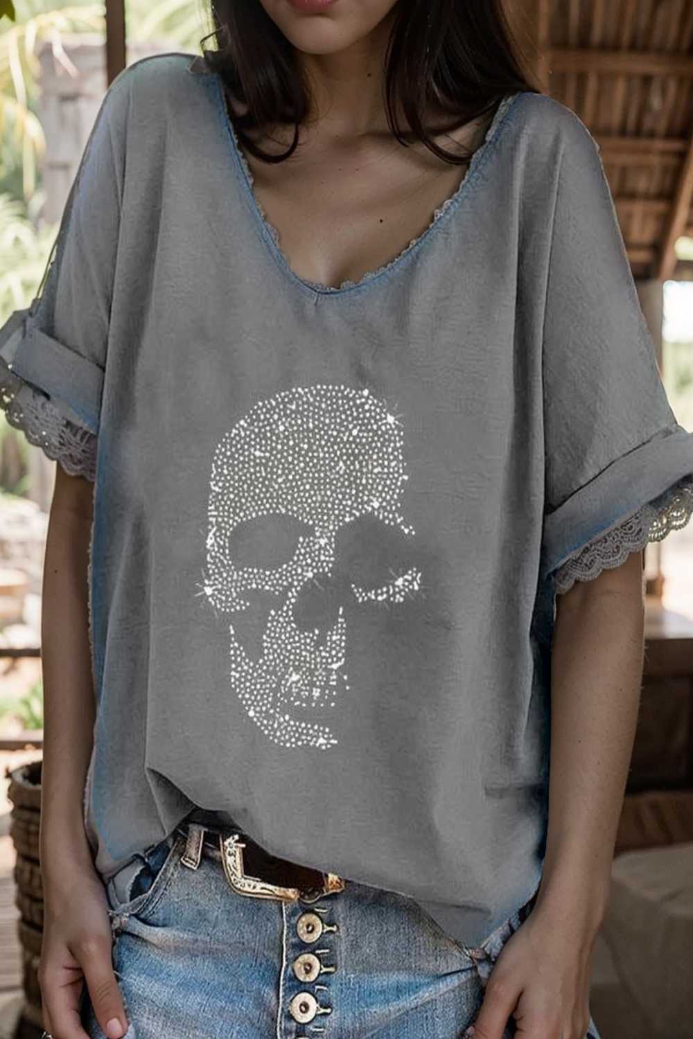 v neck skull print loose short sleeve t shirt