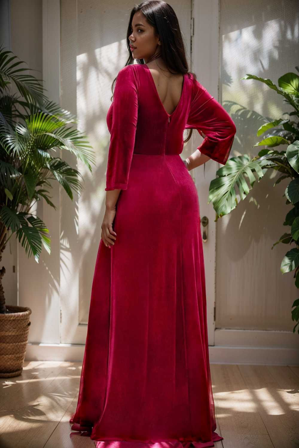 velvet 3 4 length sleeve illusion v neck front slit evening dress