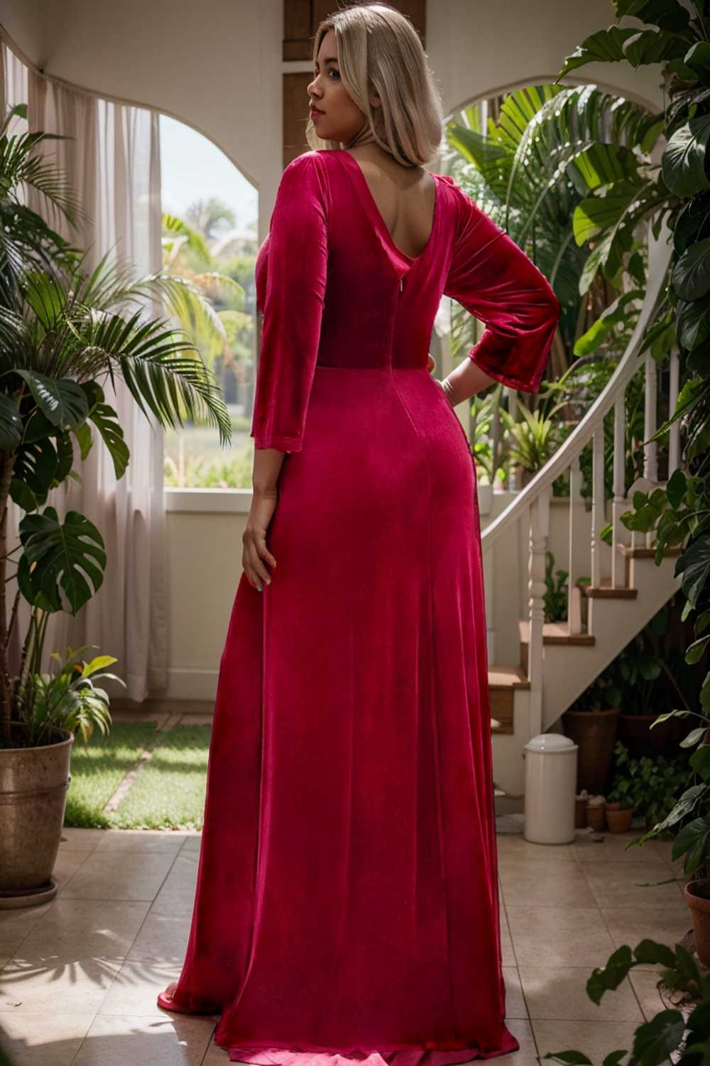 velvet 3 4 length sleeve illusion v neck front slit evening dress