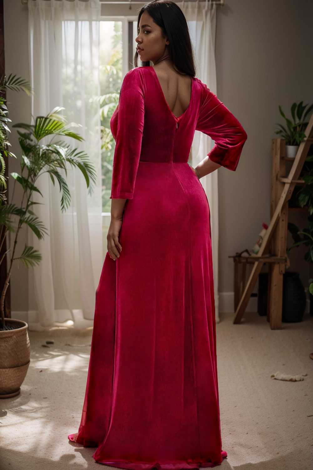 velvet 3 4 length sleeve illusion v neck front slit evening dress