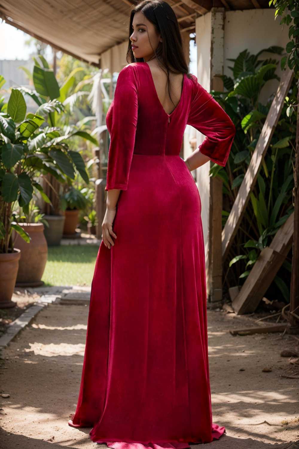 velvet 3 4 length sleeve illusion v neck front slit evening dress