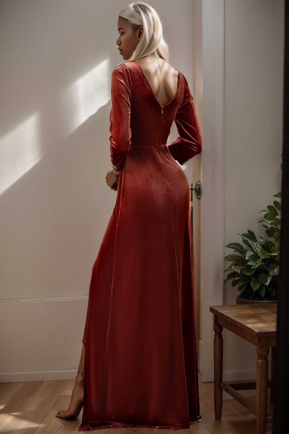 velvet 3 4 length sleeve illusion v neck front slit evening dress