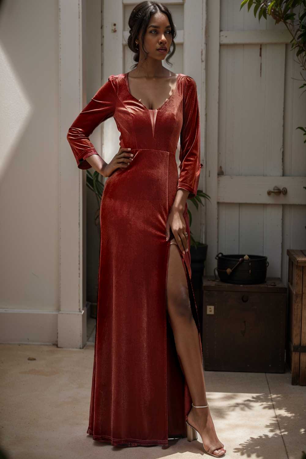 velvet 3 4 length sleeve illusion v neck front slit evening dress