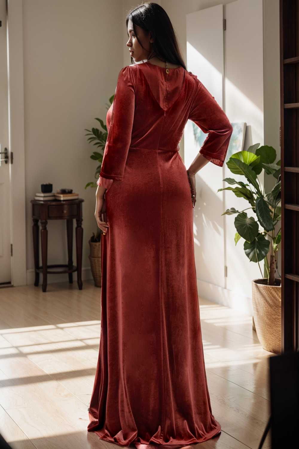 velvet 3 4 length sleeve illusion v neck front slit evening dress