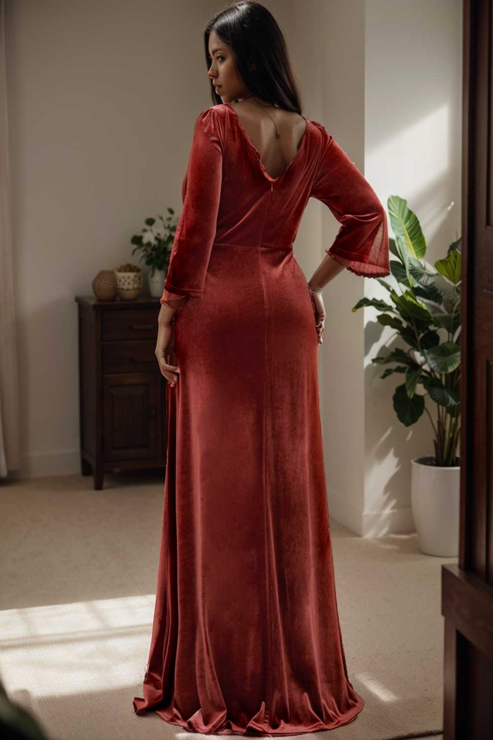 velvet 3 4 length sleeve illusion v neck front slit evening dress